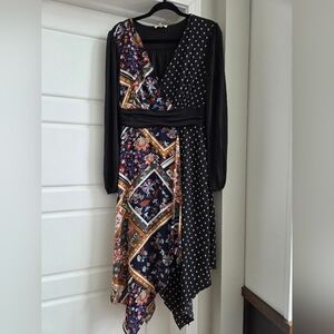 Mystree Black and Multicolor Wrap Style Dress Boho Mix Of Patterns
